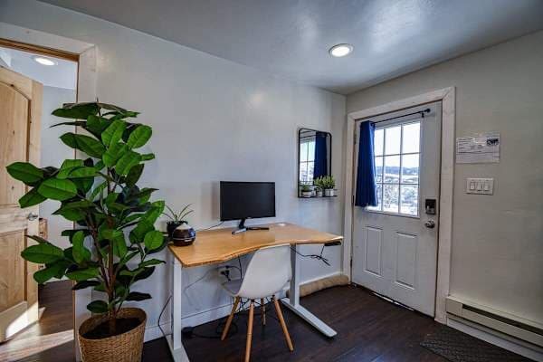 【Stand-Up Desk by the Door】 Morning emails with the mountains through the window, then out the door
