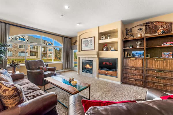 【Living Room】Gas fireplace + Queen memory-foam pullout — base camp after the mountain